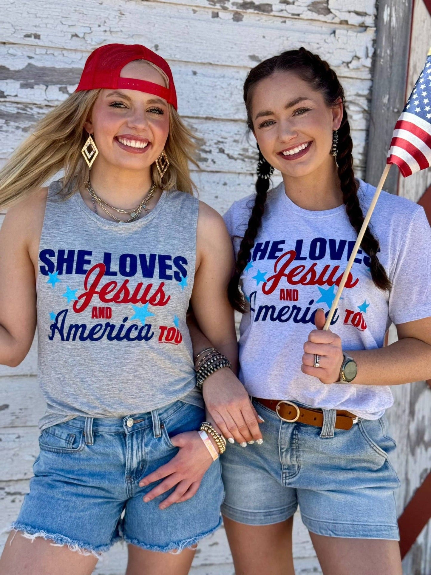 She Loves Jesus & America Too Tee & Tank: White Fleck / Texas True