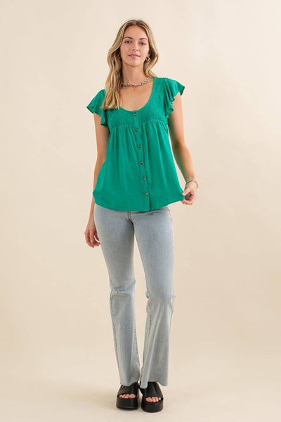 Smocked Yolk Ruffle Cap Sleeve Button Down Top: Kelly Green