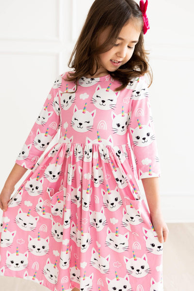 Unicorn Kitties 3/4 Sleeve Pocket Twirl Dress: Mila & Rose