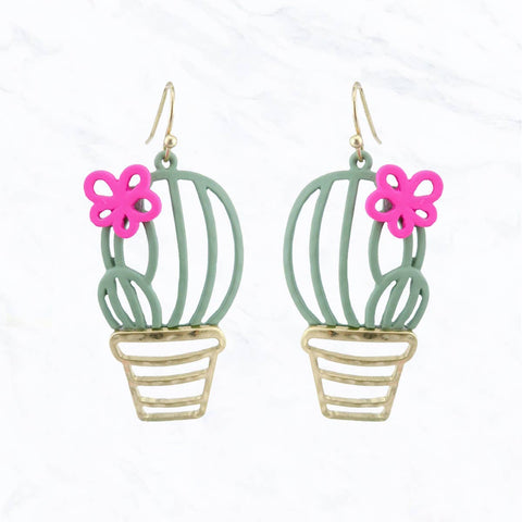 Color Rubber Coated, Cut Out Cactus Hammered Metal Earring Susie Q