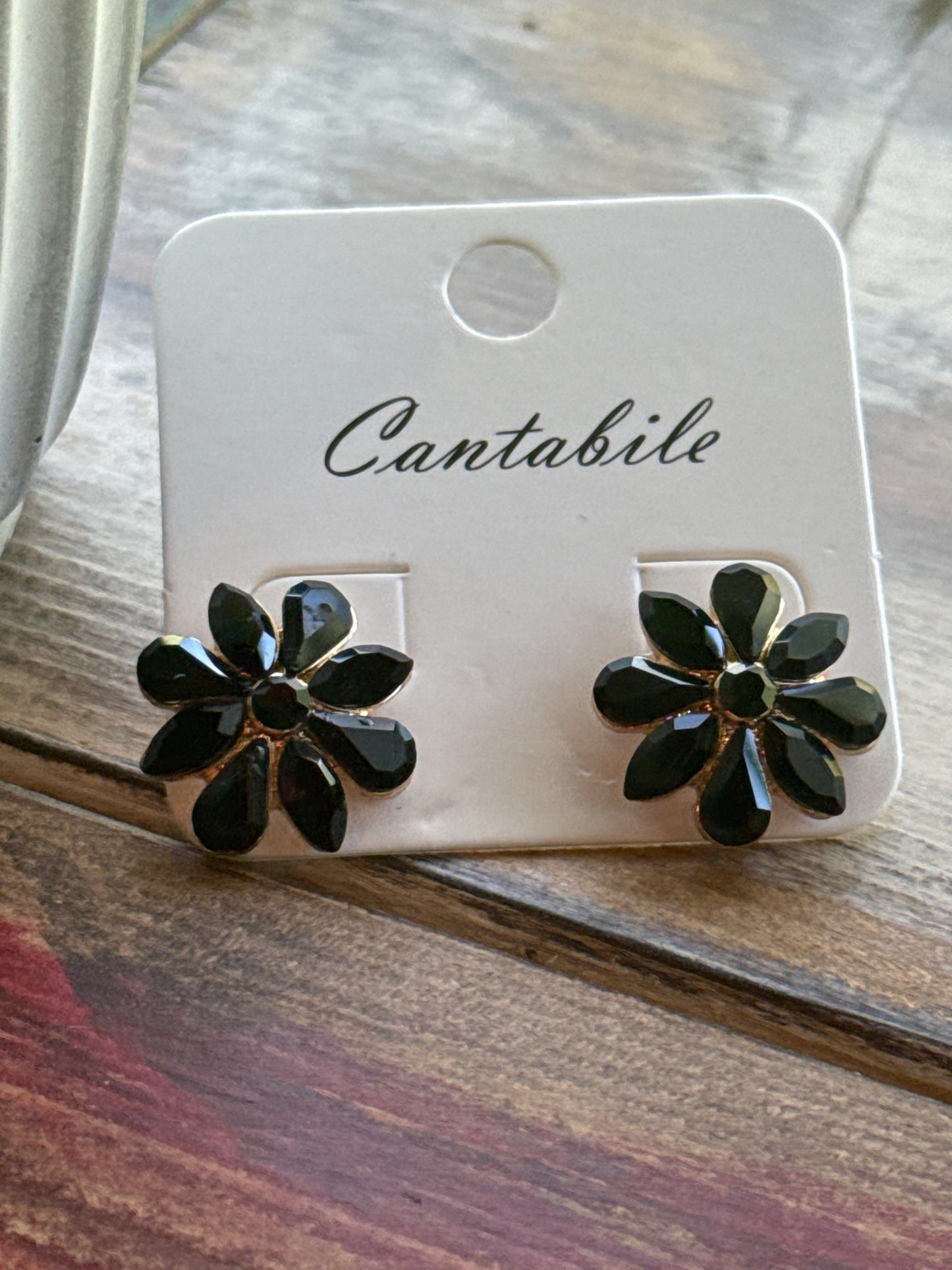 Black Crystal Flower Cantabile Stud Earrings