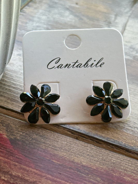 Black Crystal Flower Cantabile Stud Earrings