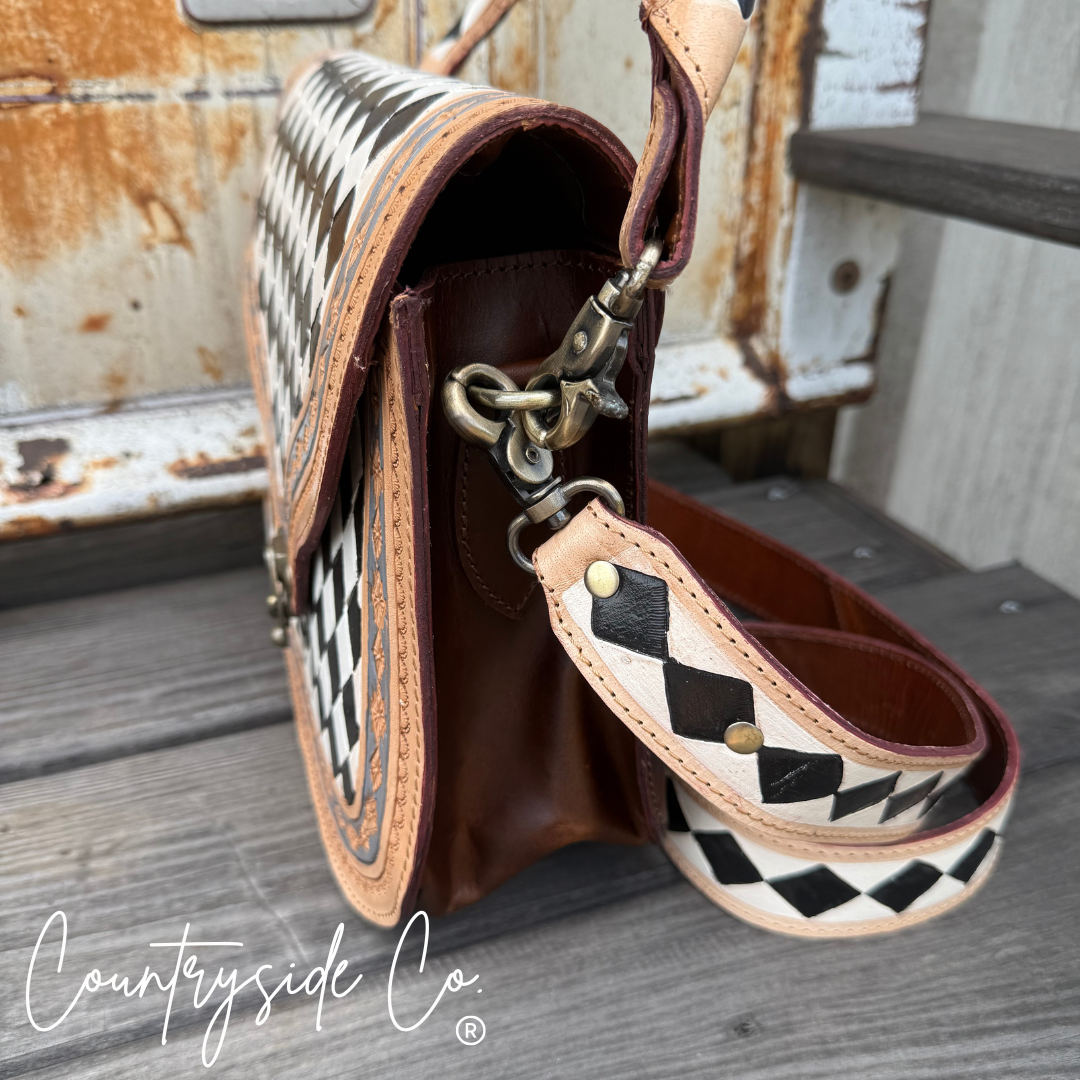 Zadie Tooled Leather Checkered Handbag, Hand Painted Texas Western