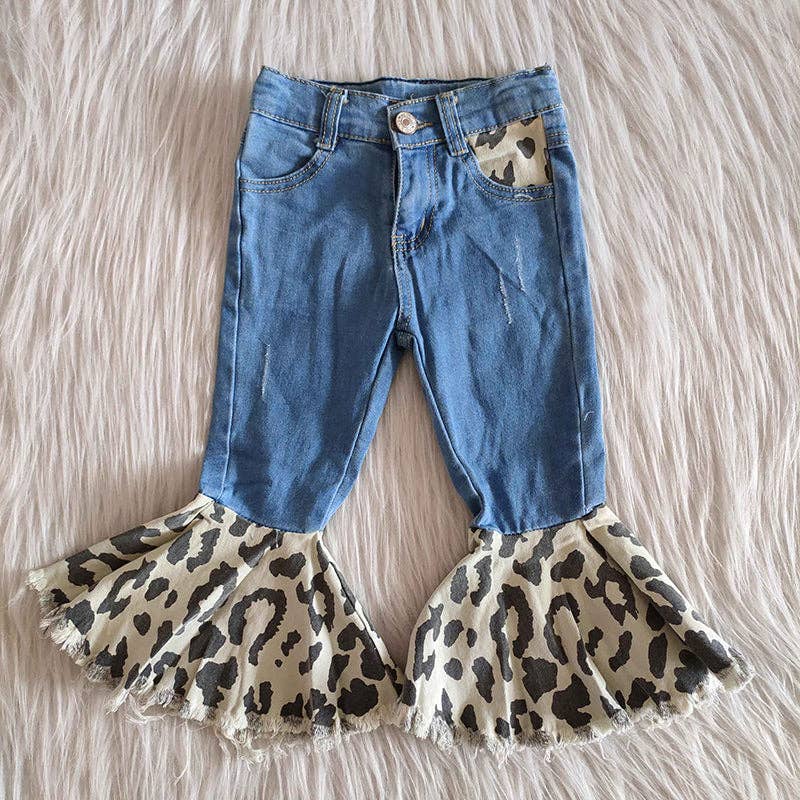 Baby And Girls Blue Leopard Denim Ruffle Jeans Pants: Aier