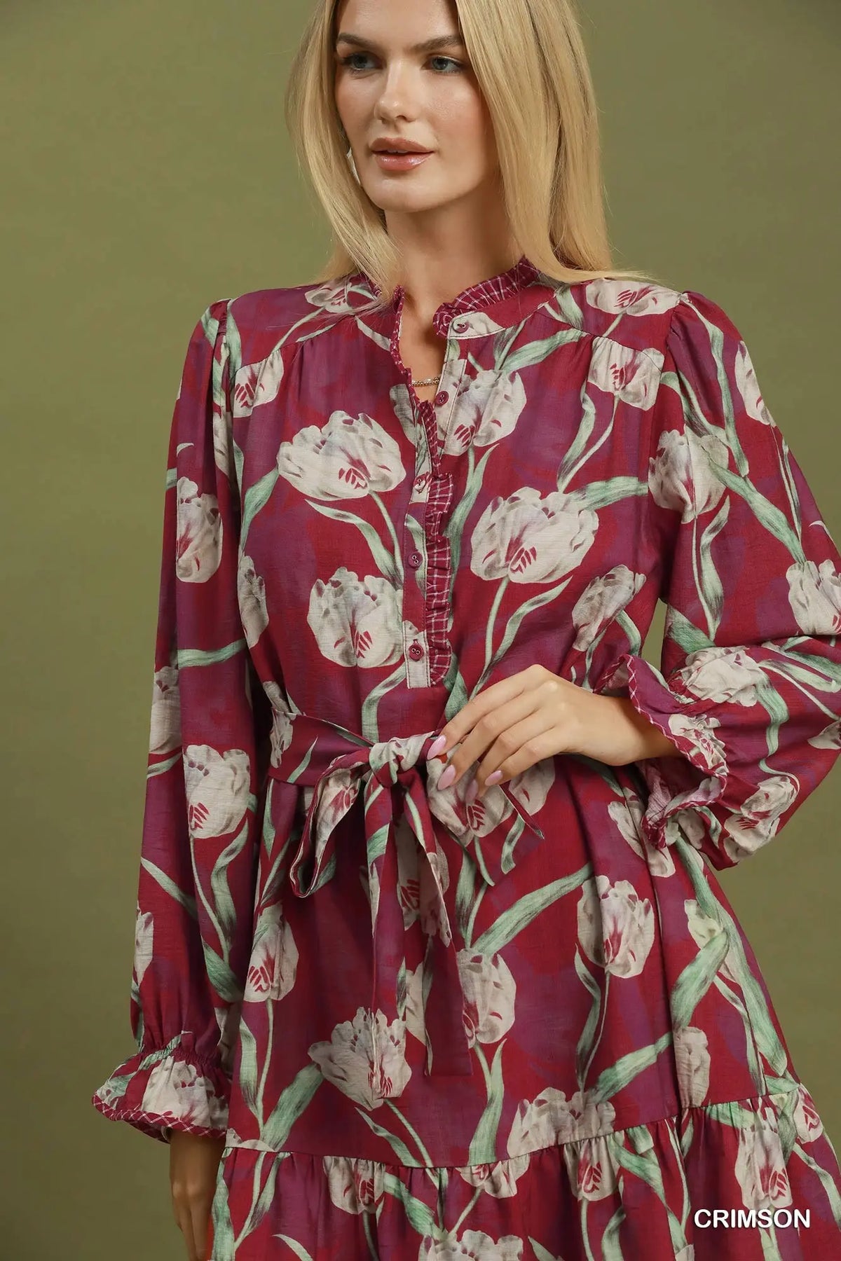 The Kaitley Crimson Tulip Floral Belted Mini Dress Umgee