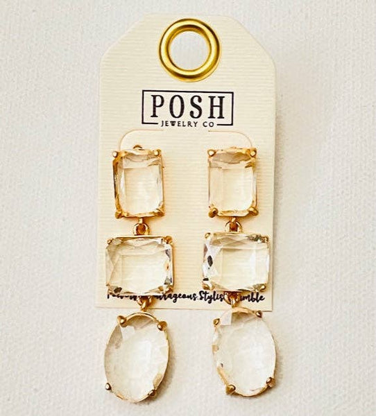 9PE066 * Clear Crystal and 3 Drop Post Earring Posh