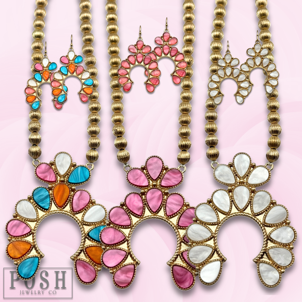 Mother of pearl look squash blossom necklace set: White