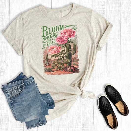 Western Cactus Bloom Where You Are Planted Graphic Tee: Oat Short Sleeve
