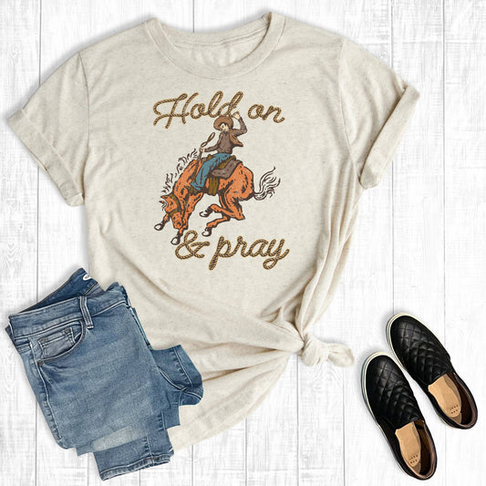 Hold On And Pray Cowboy Graphic Tee: Oat Short Sleeve