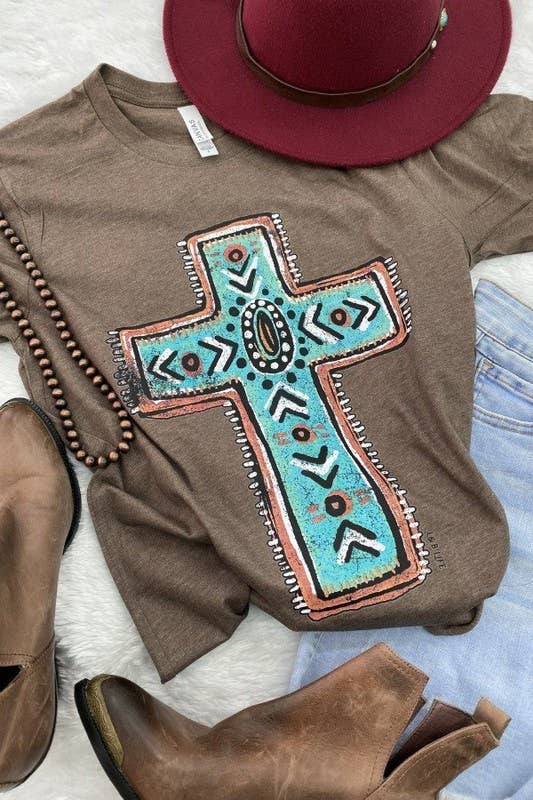 Bella Canvas Turquoise Cross, Faith, Religion: Brown L&B
