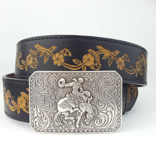 Silver Rodeo Buckle with Vintage floral tooled belt: Black Axesoria