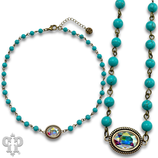 Mini oval rhinestone pendant necklace: Turquoise or White PP