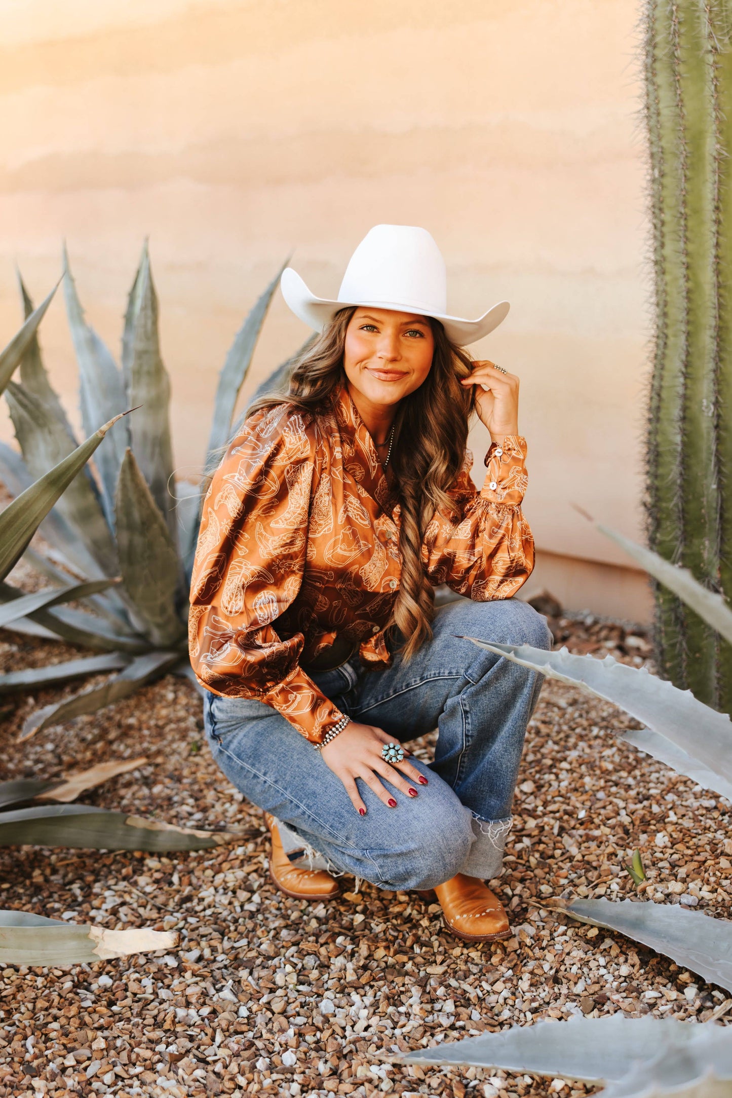 WESTERN THINGS Brown Satin Long Sleeve Blouse TH