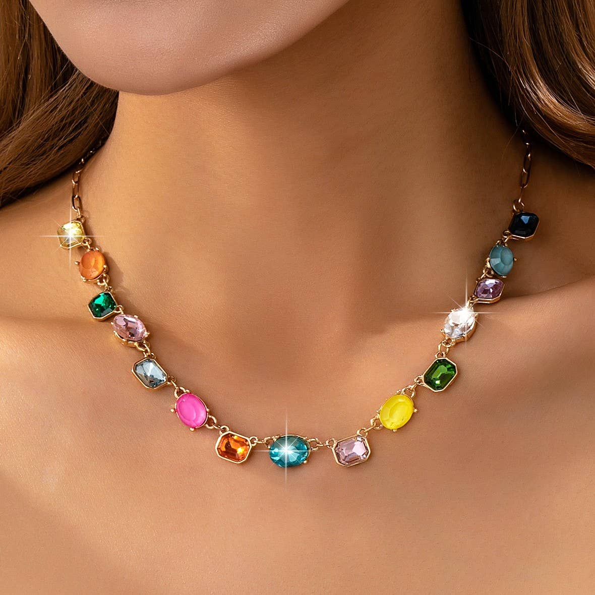 Multicolor Gemstone Link Necklace | 80N92824: Gold