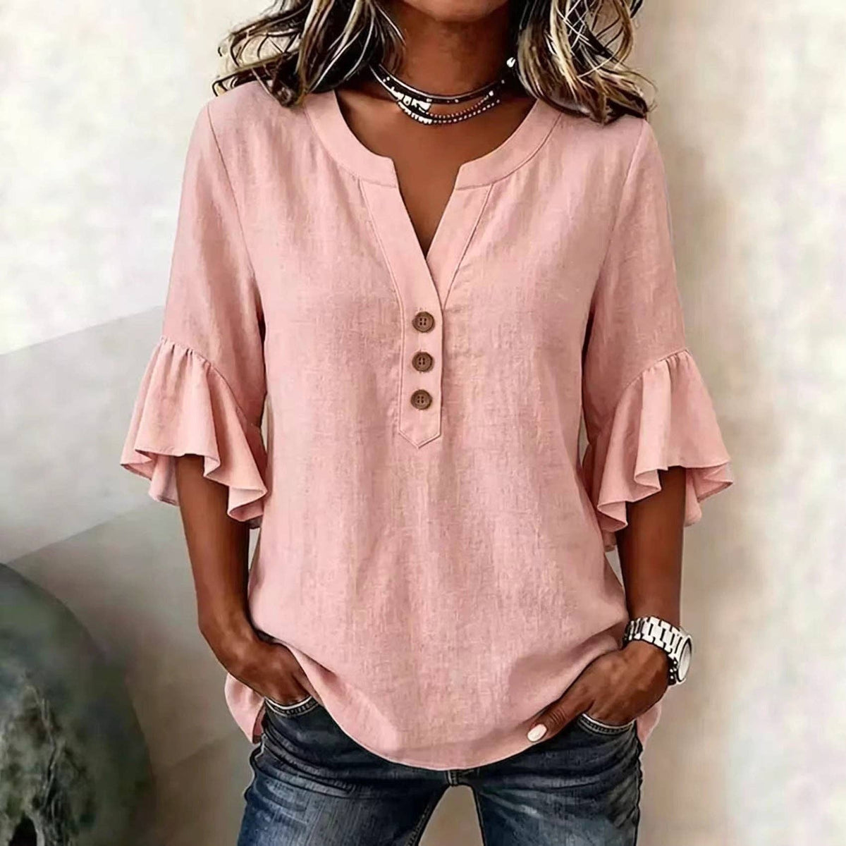 Cotton Linen Blouse V Neck Ruffle Sleeve Women's Top: Khaki / 95%polyester+5%Elastane / M