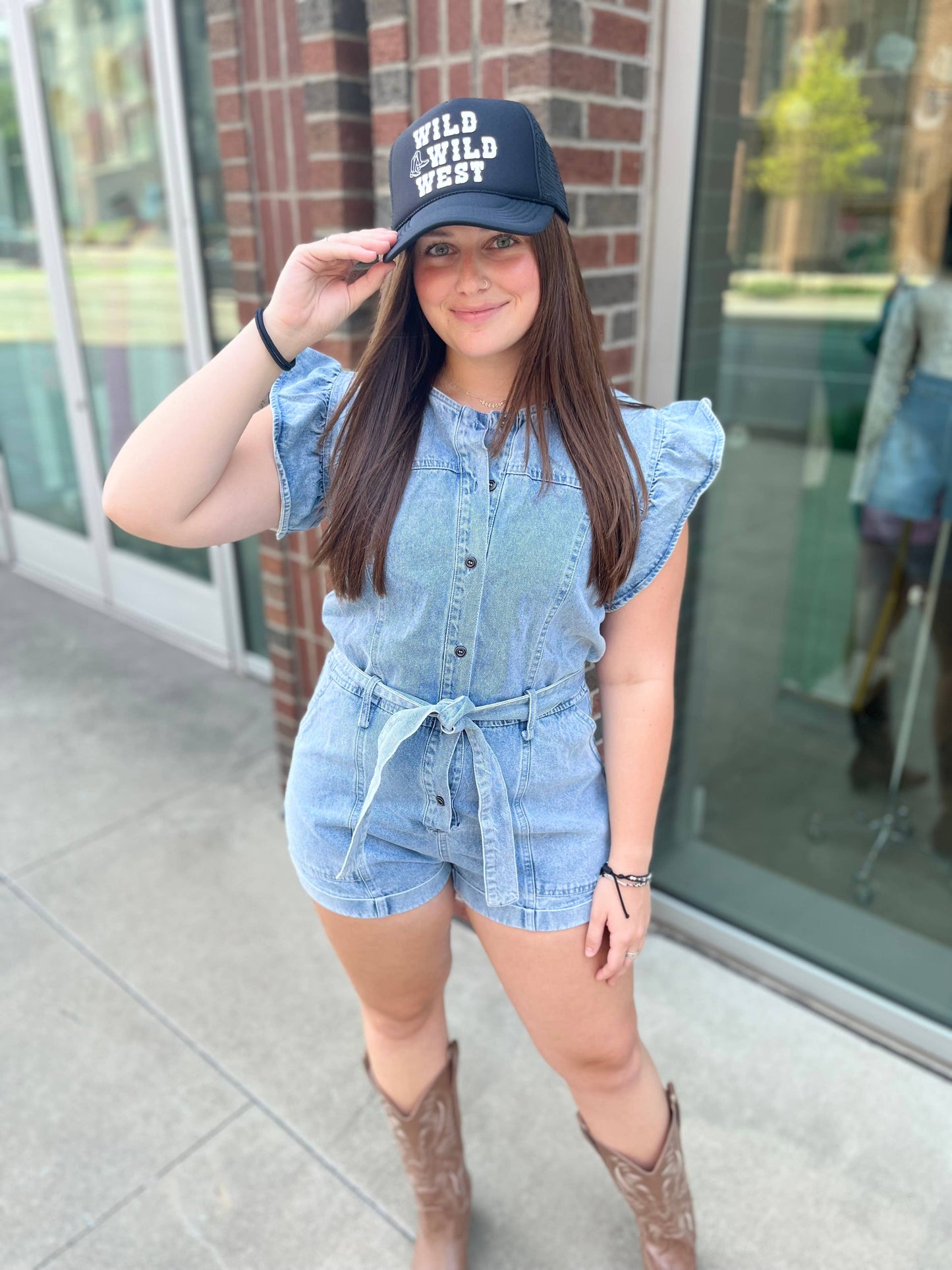 Emmy Blue Denim Romper: Nash Grey