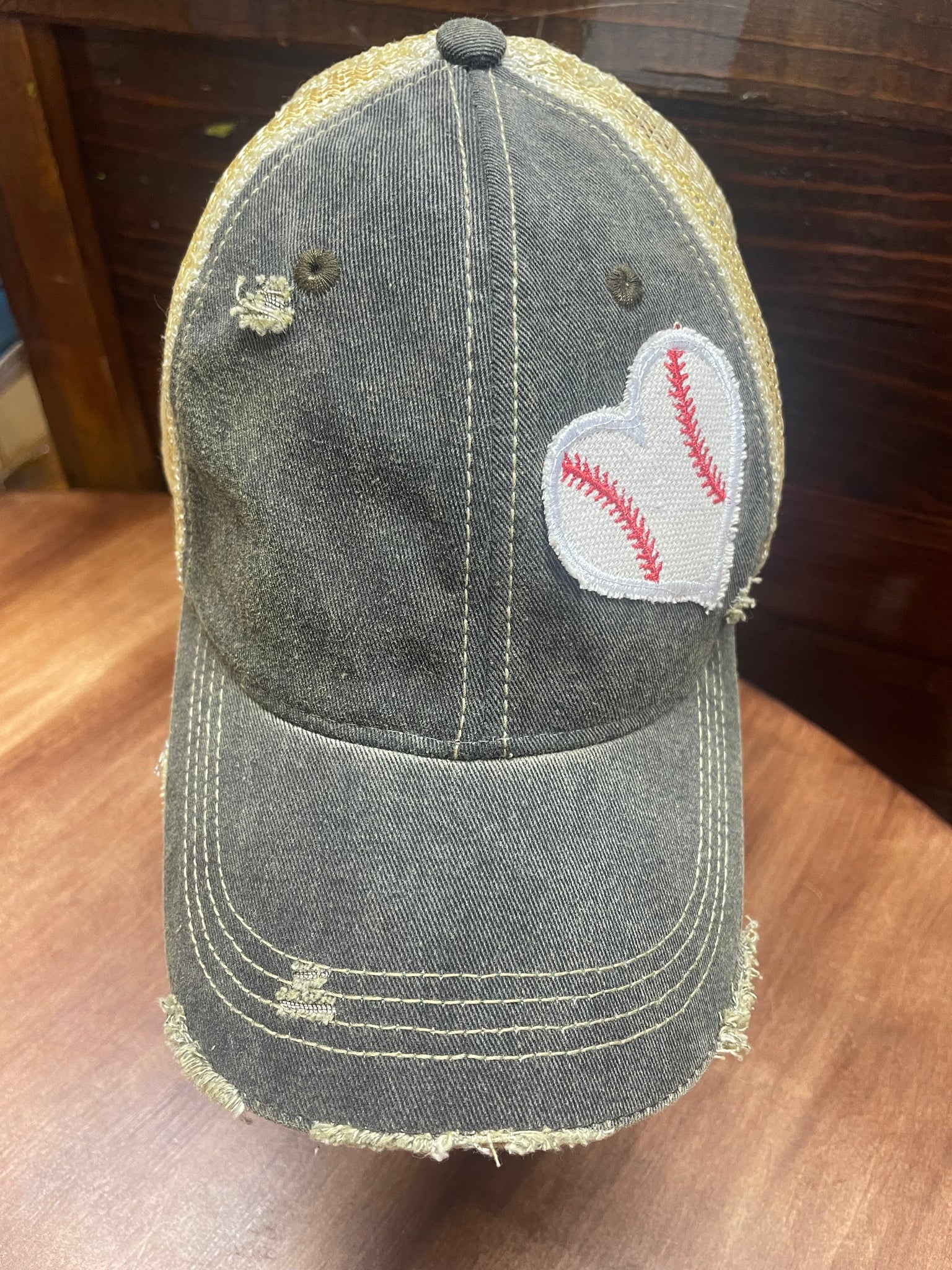 Ball Cap with Heart shaped Baseball Patch Vintage Black