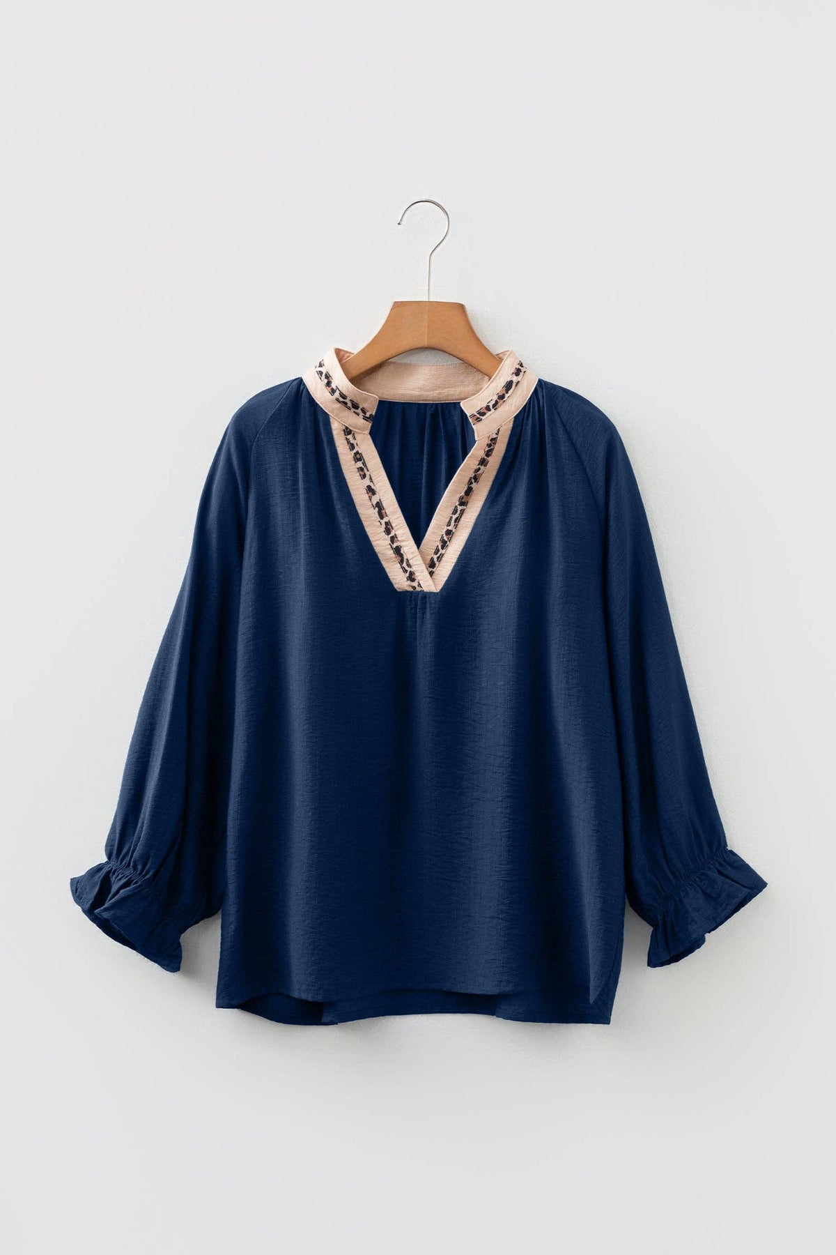 Leopard Trim Flounced  3/4 Sleeve V-Neck Blouse: Dirty blue / XL