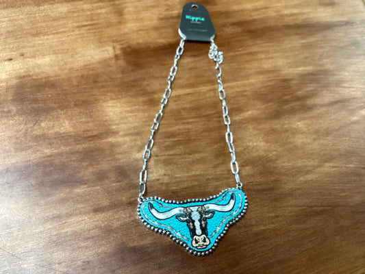 Longhorn necklace w/silver beaded trim on silver chain