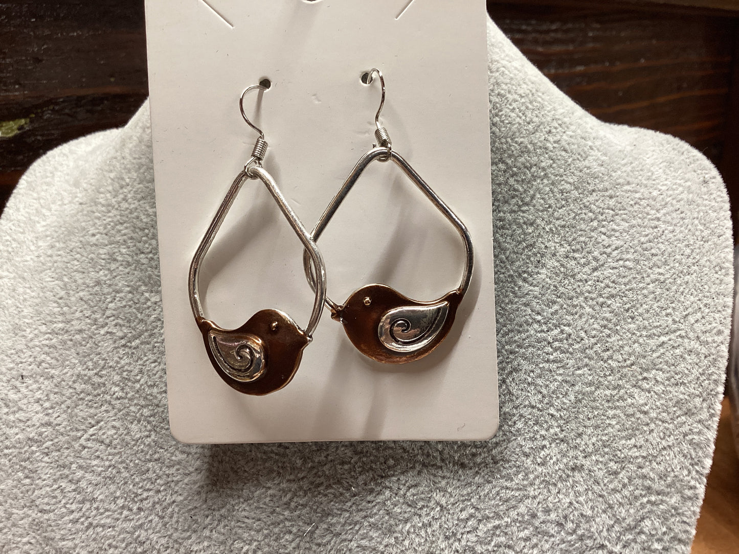 Silver And Copper Bird Earrings