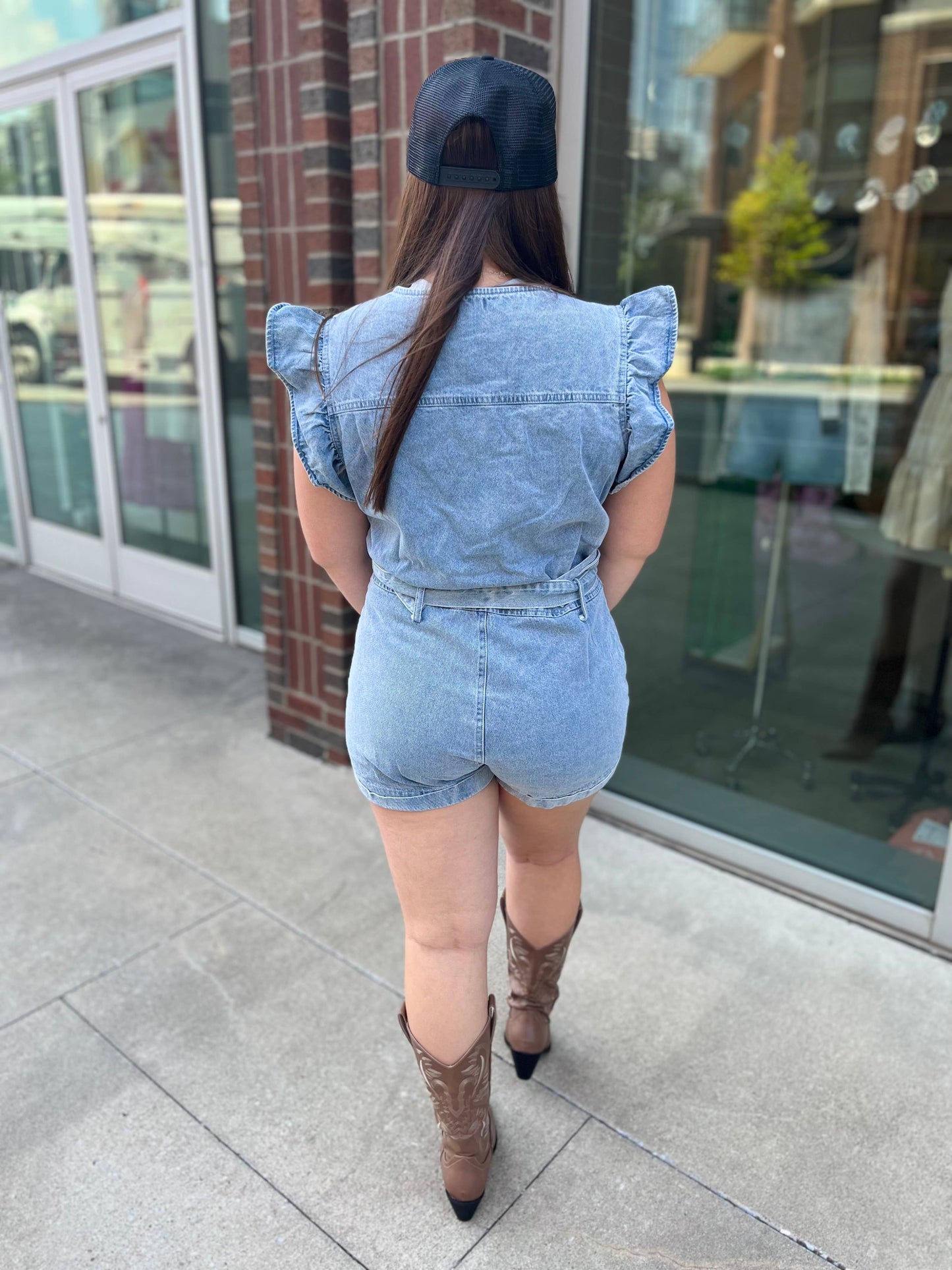 Emmy Blue Denim Romper: Nash Grey