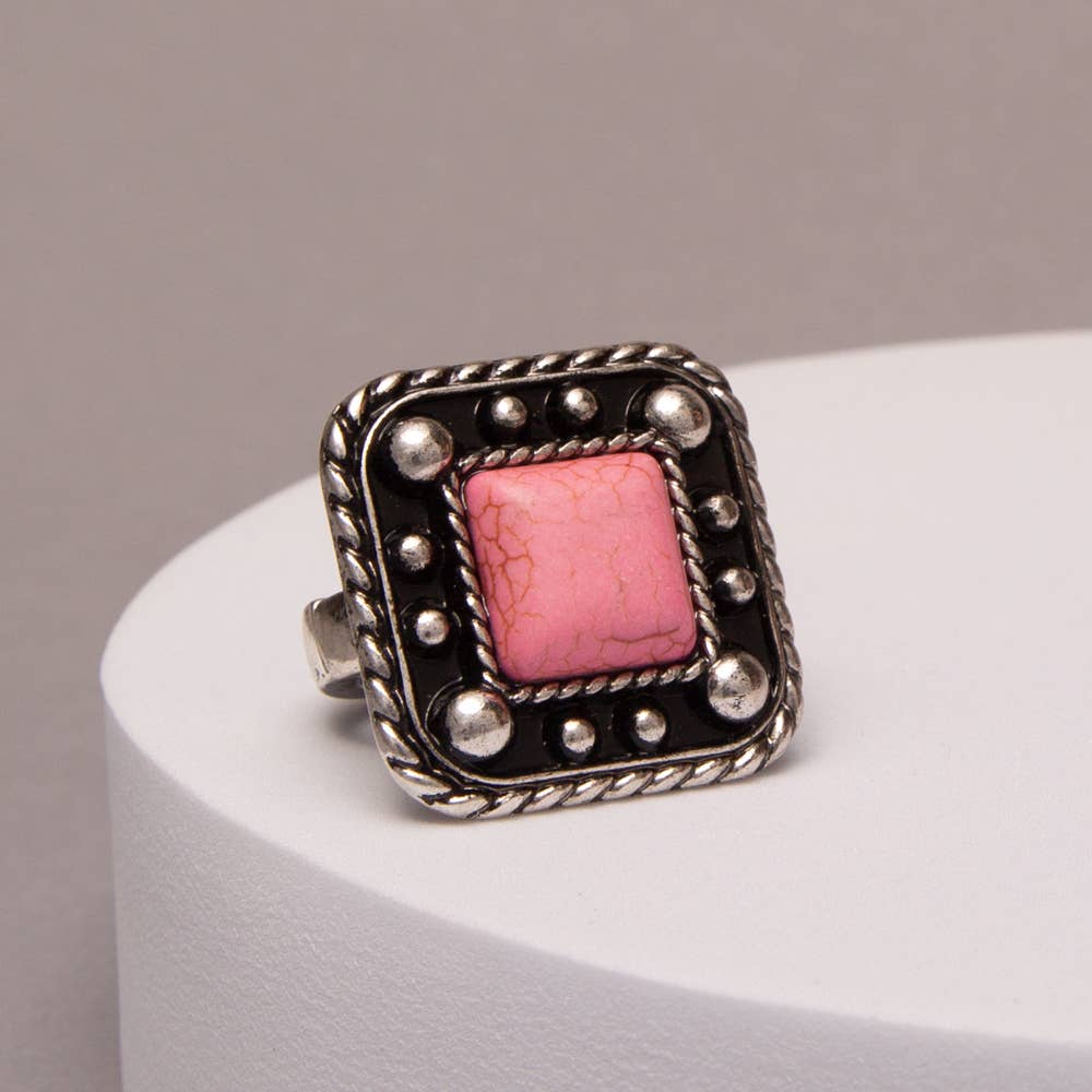 Western Turquoise Embellished Square Concho Ring: Pink
