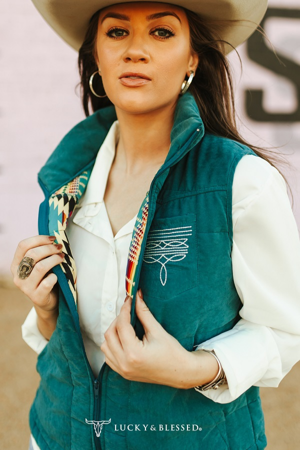 Teal Puffer W Aztec Lining Boot Stitch Detail Vest: L