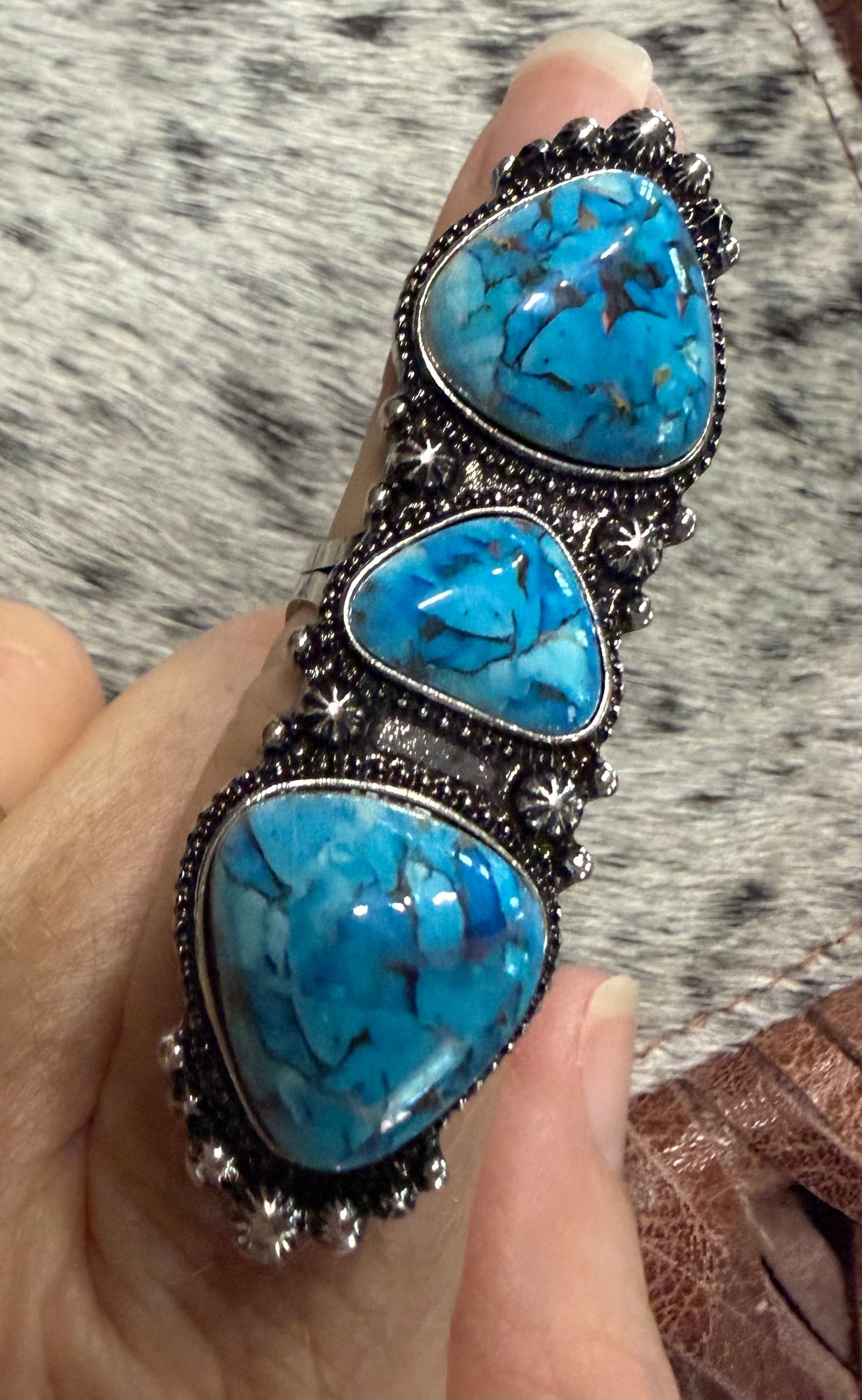 Triple Stone Western Adjustable Ring Hippie Turquoise or Pink and Turquoise