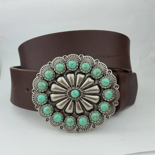 Genuine leather belt w. Western Turquoise Buckle: Brown Axesoria