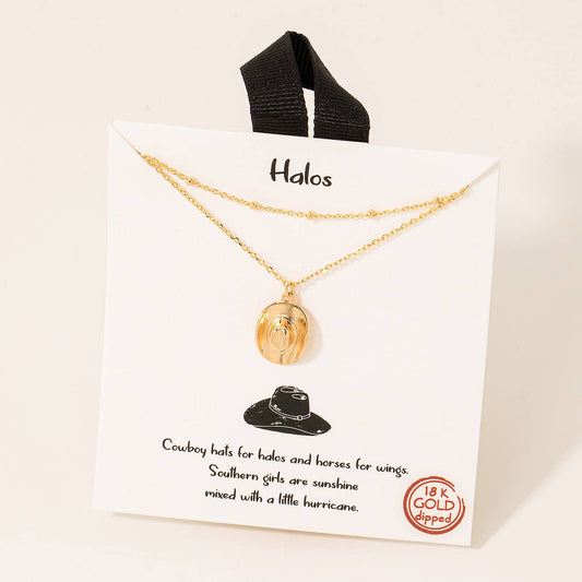 Dipped Cowboy Hat Pendant Layered Necklace: Gold or Silver Tone Fame