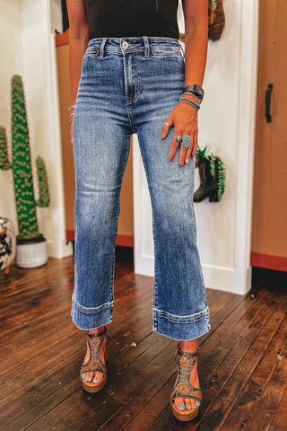 Mineral Wash High Waist Bell Bottom Crop Jeans: Blue / 4-16 Full Time Purchase