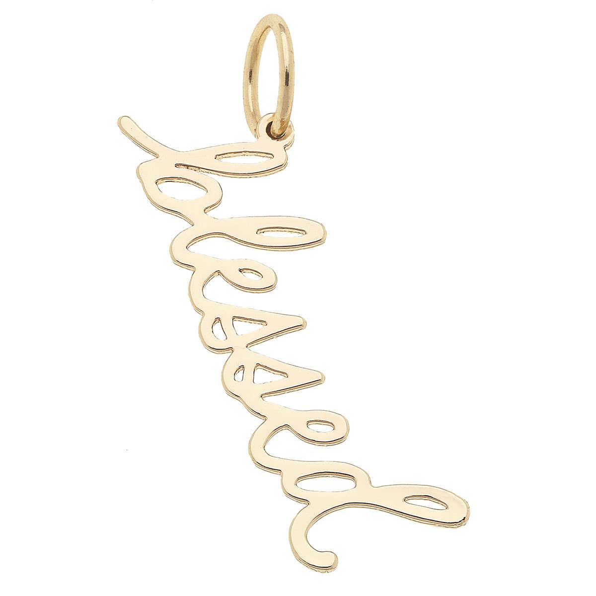 "Blessed" Cursive Script Charm in Shiny Gold Canvas