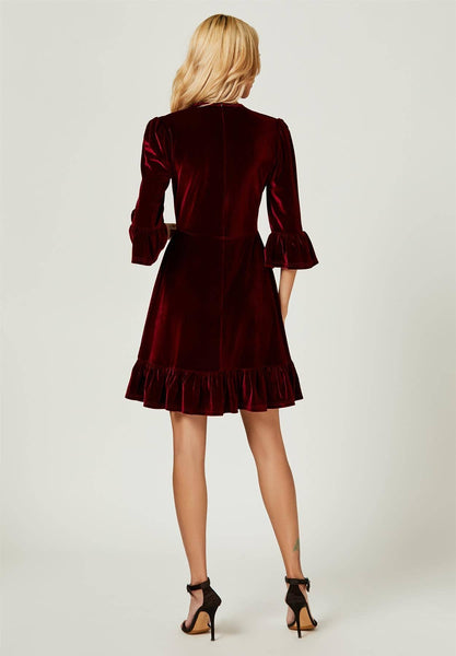 Velvet Frill Detail Mini Dress In Wine: Wine  FS Collection