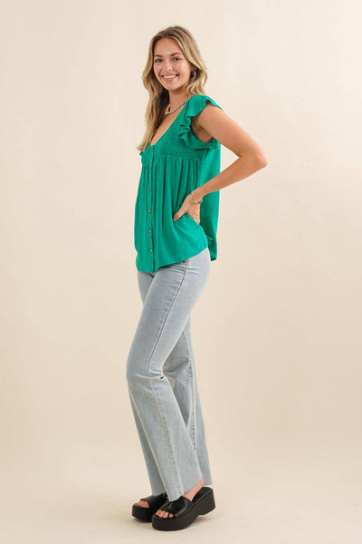 Smocked Yolk Ruffle Cap Sleeve Button Down Top: Kelly Green