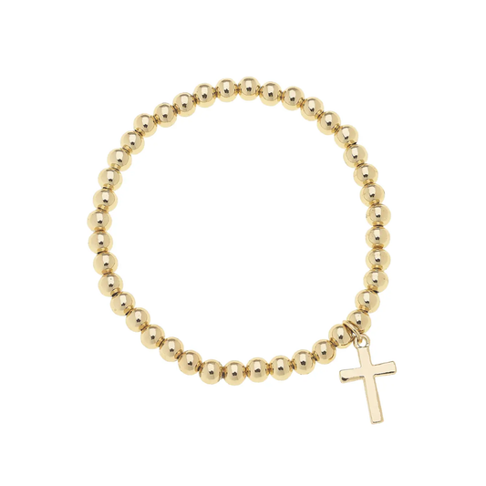 Ruth Cross Ball Bead Stretch Bracelet in Shiny Gold Canvas