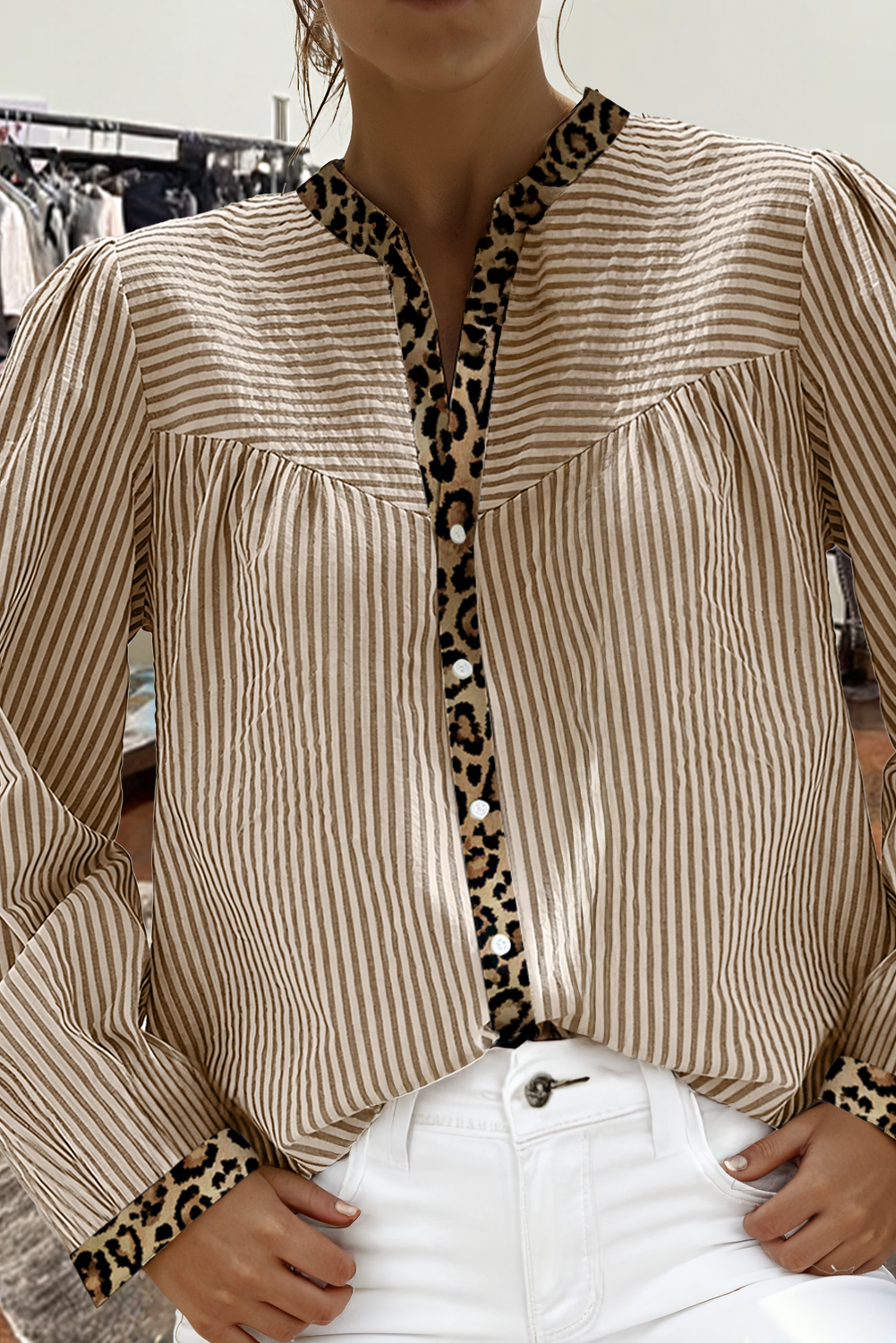 Western Stripe Leopard Patchwork Long Sleeve Shirt: Brown Stripe fashionw