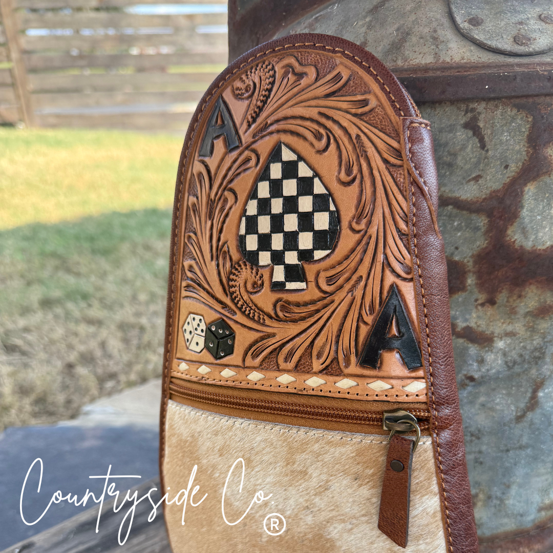 Hand Painted Tooled Leather and Cowhide Carry Case countryside