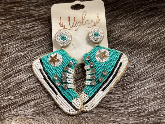 Turquoise/white seed bead tennis shoe earrings