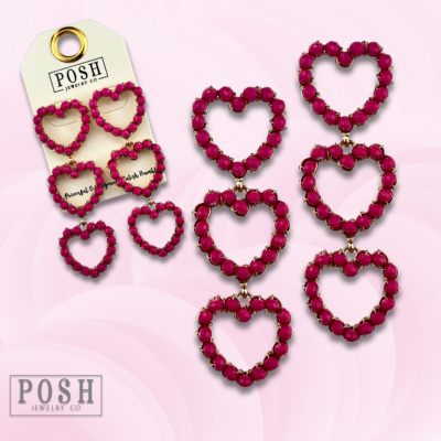 Fuchsia rhinestone triple heart earring: Fuchsia PP