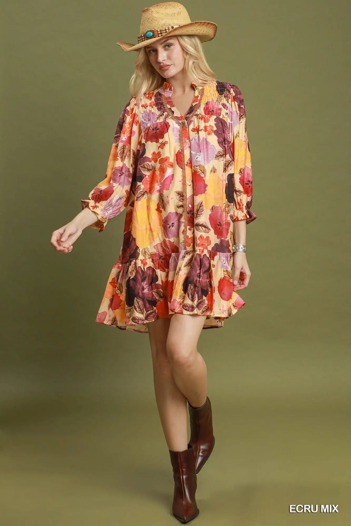 The Rachel Floral Smocked Yoke Button Front Mini Dress Umgee