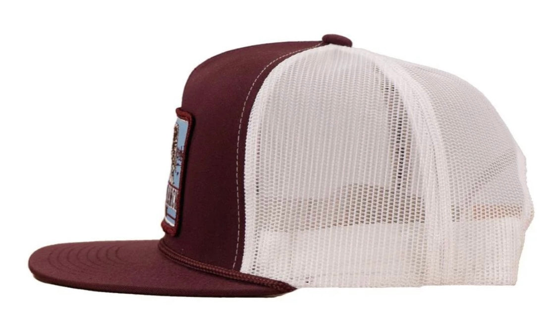 LAZY J RANCH MAROON & WHITE BLUE BULL TRAP PATCH CLASSIC FIVE PANEL TRUCKER HAT
