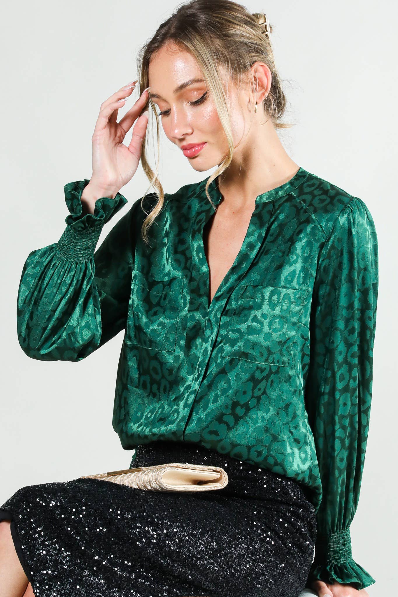 Black V-Neck Animal Jacquard Printed Satin Blouse VL
