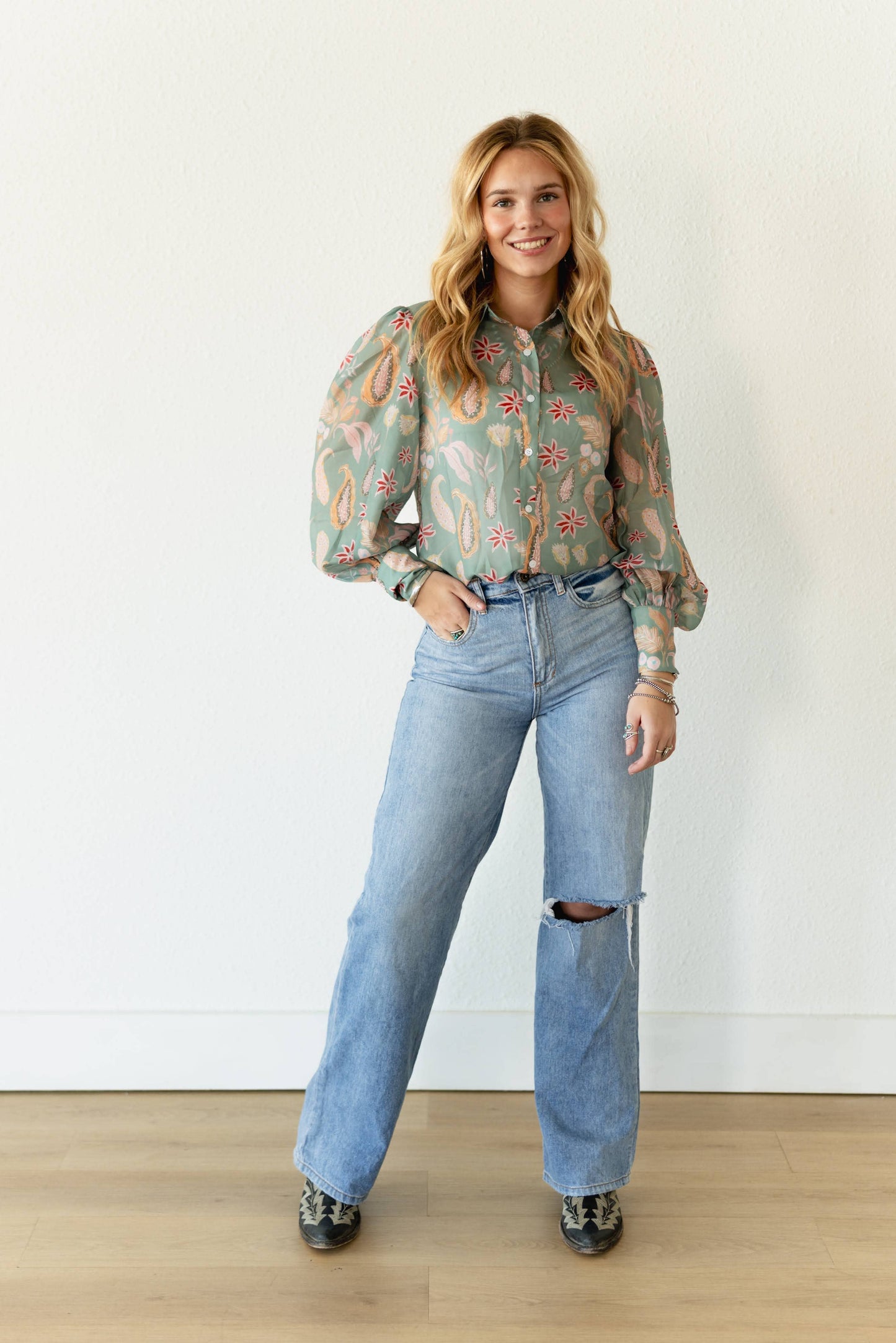 The SAGE PAISLEY  Button Up BLOUSE  TH