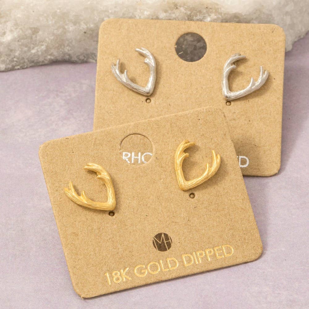 Dipped Mini Antler Stud Earrings: Gold or Silver Tone Fame