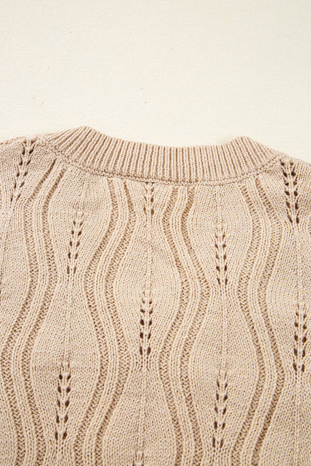 Pearl Beaded Pointelle V Neck Lace Sleeve Sweater (S-XL): Beige 66