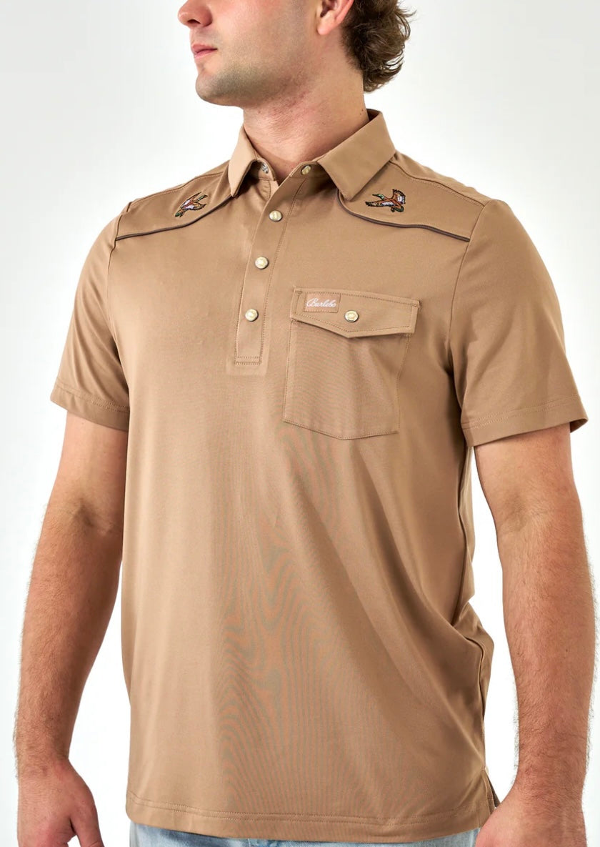 Khaki Pearl Snap Mallards Performance Polo Burlebo