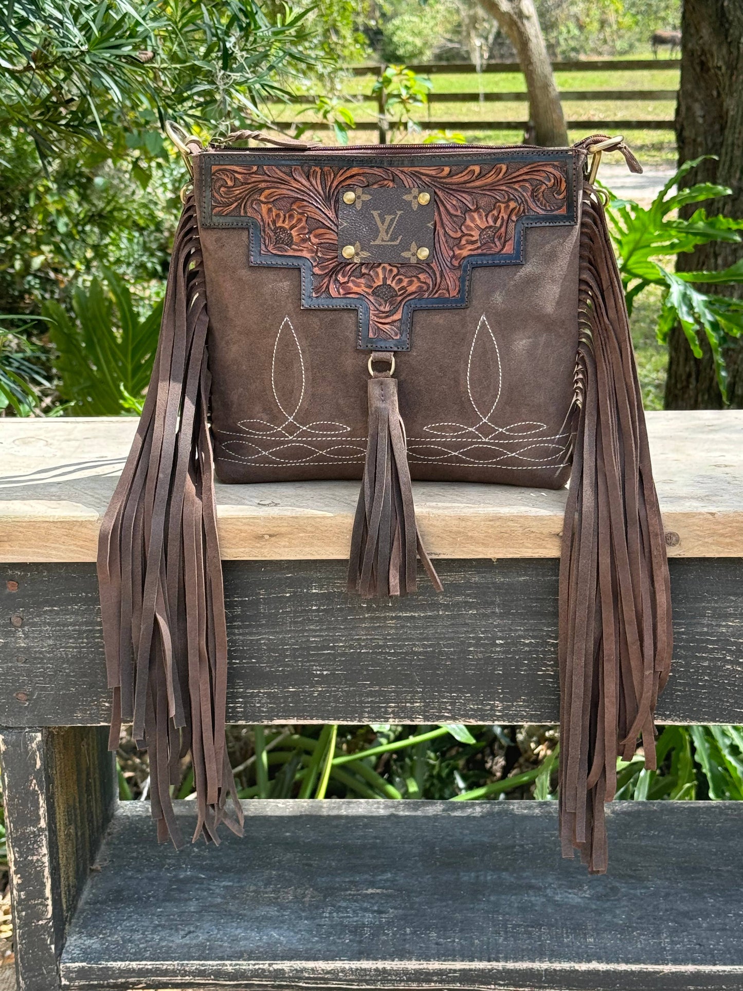Upcycled LV Leather Suede Boot Stitch Fringe Crossbody Bag Southern Junkie