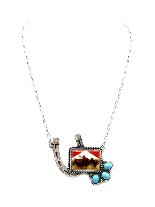Western Cowboy Portrait Horse Shoe Pendant Necklace (Snowing)