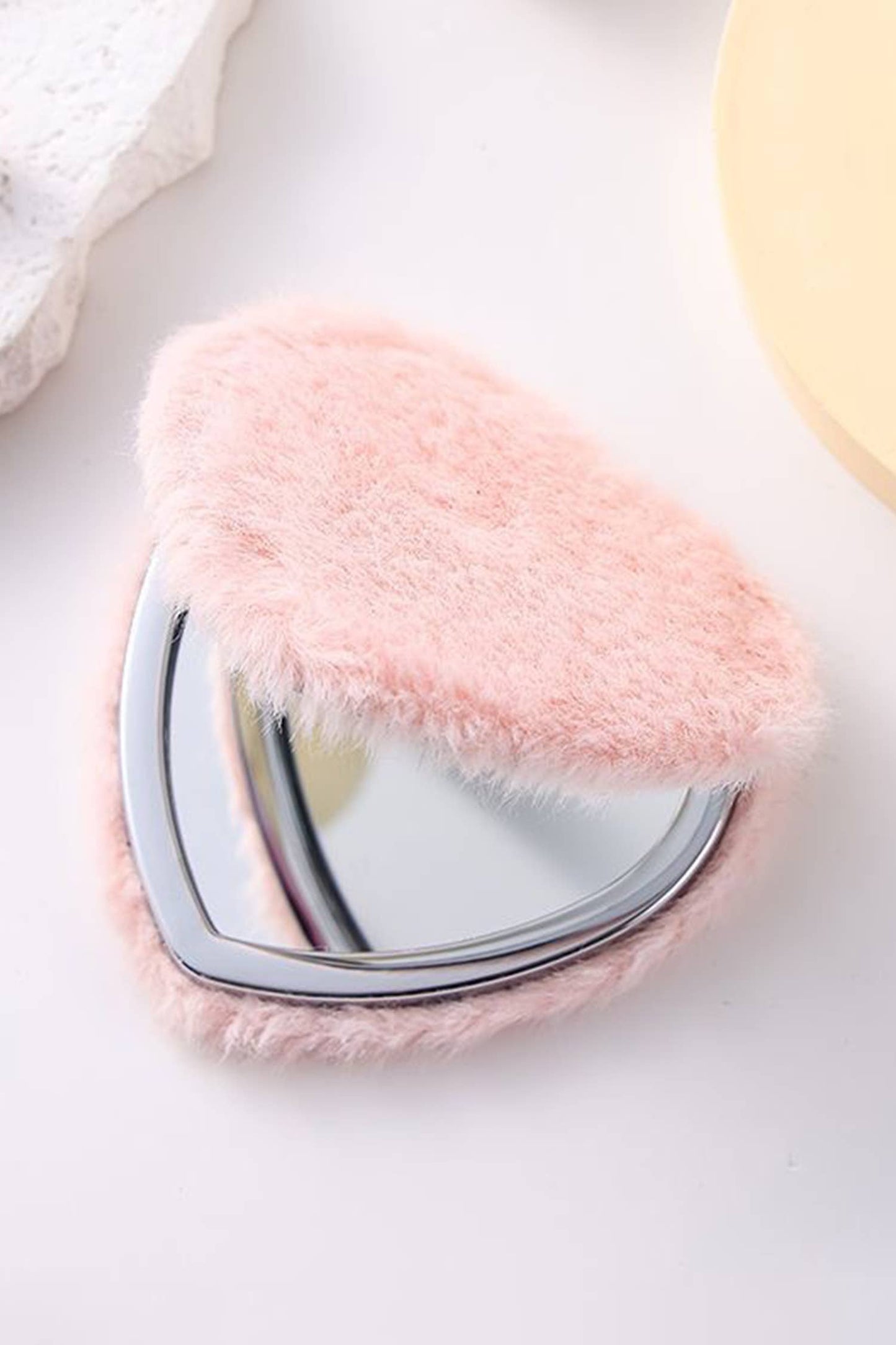66Heart Shape Double Sides Fluffy Cute Mini Cosmetic Mirror : Pink