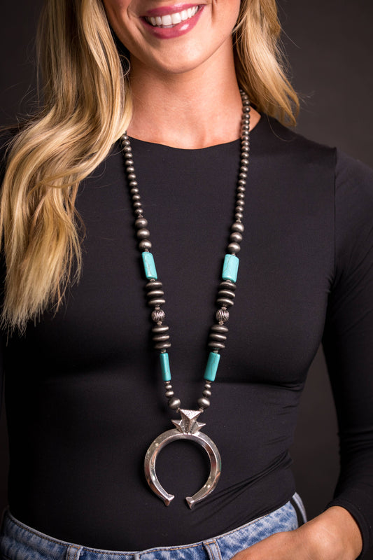 32" Faux Navajo Pearl & Turquoise Necklace w/ Naja Pendant West co